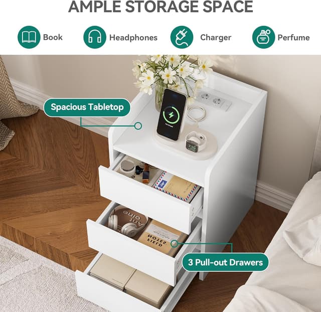 Detalle 2 de YITAHOME Mesita de Noche con Carga USB y 3 Cajones
