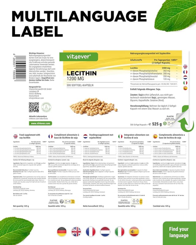 Detalle de vit4ever Lecithin 1200 mg – 300 Softgels (Sojalecithin, ohne Gentechnik)