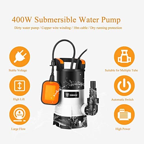 Detalle de DEKO 400W Bomba de aguas sucias 💧 hasta 8000L/h