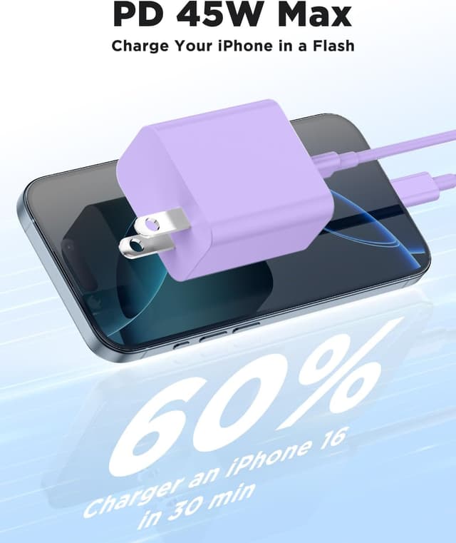 Detalle de 45W PD 3.0 iPhone Charger with Super Fast USB-C Cable (6FT/10FT/10FT) — Purple