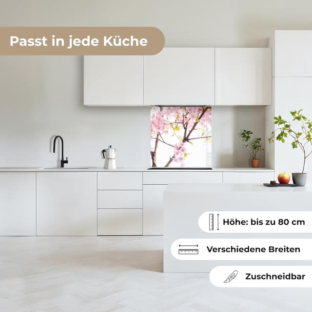 Detalle de KitchenYeah© Spritzschutz Küche 80x80 cm – selbstklebende Küchenrückwand mit Glasoptik-Design (Kirschblüte, rosa)
