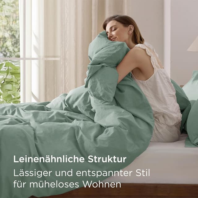Detalle 2 de BEDSURE Bettwäsche 135x200 aus Baumwolle, 4-teilig (Salbeigrün) mit Reißverschluss