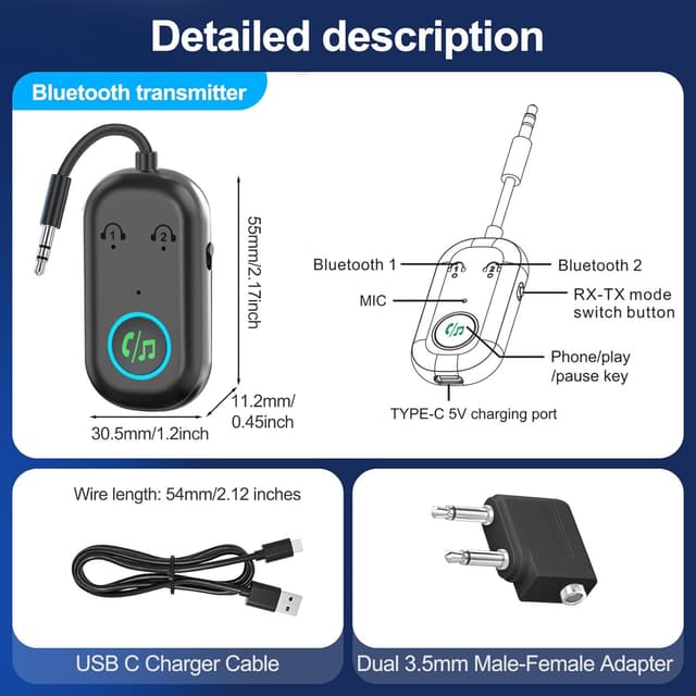 Detalle de Bluetooth 5.3 2-in-1 Transmitter Receiver (3.5mm) for TV, Car and Airplane — Dual headphone pairing