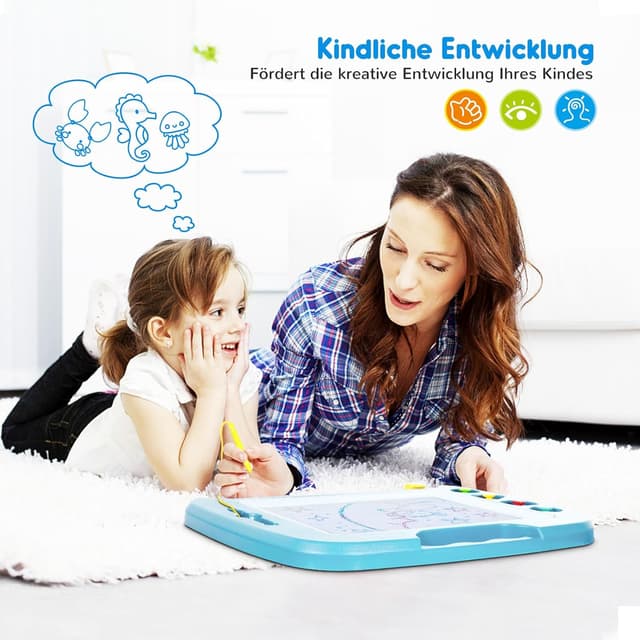 Detalle 2 de SGILE große magnetische Maltafel Zaubertafel für Kinder (42 x 32 cm), hellblau mit Stift und 4 magnetischen Stempeln