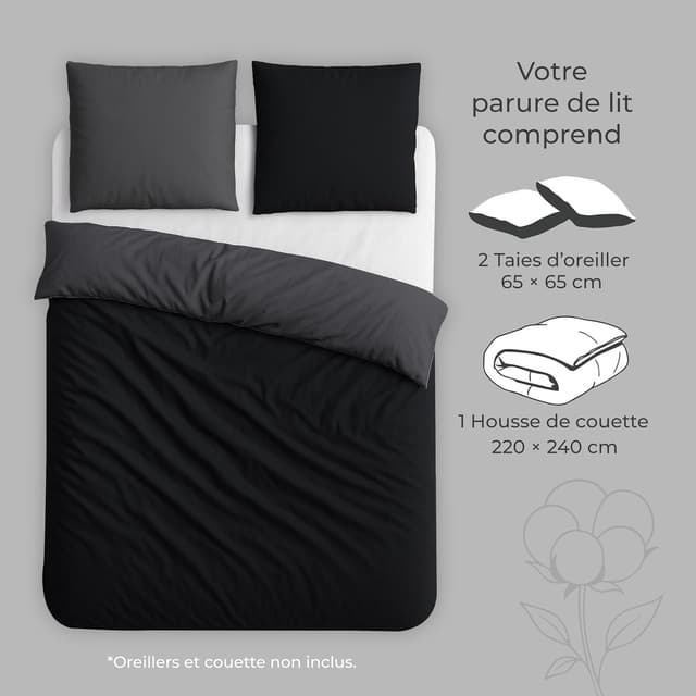 Thumbnail 6 de Dreamzie Housse de couette 200x240 réversible en coton noir (parure 3 pièces, Oeko-Tex)