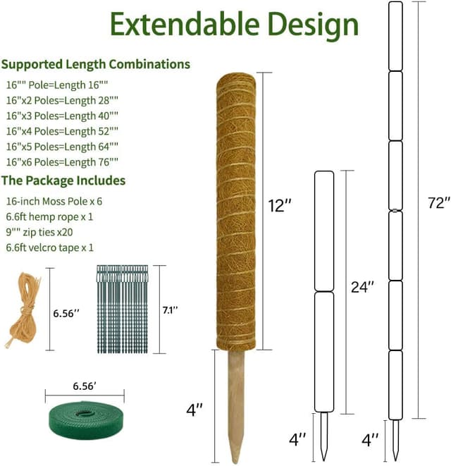 Detalle de YAWAHOME Moss Pole for Monstera (6 pack) – stackable coir support extendable up to 193cm