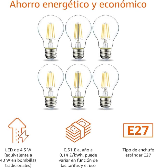 Detalle 2 de Amazon Basics Bombilla LED E27 Edison 4.3W Pack de 6