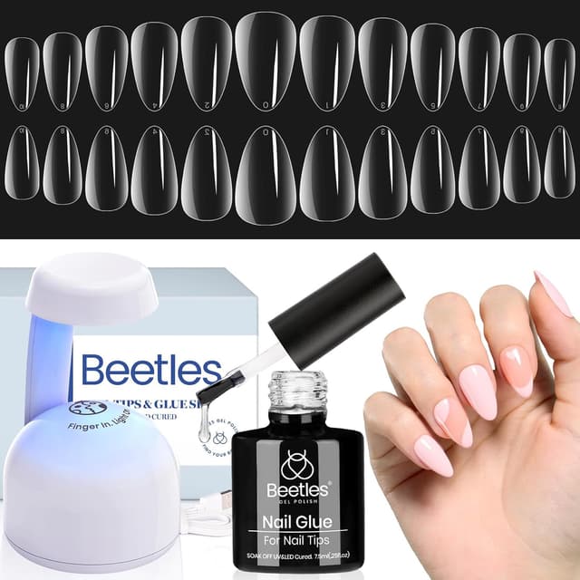 Detalle de Beetles Gel-Nagelspitzen-Set Mandel mit 9-in-1-Nagelkleber und UV-LED-Lampe (500 Stück)