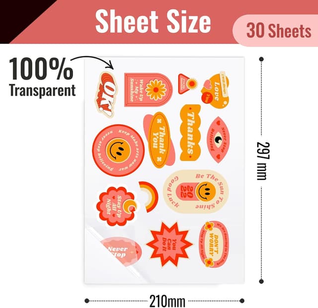 Detalle 2 de Kamo Papier Autocollant Transparent 100% Premium A4 (30 feuilles) – étiquettes vinyle imprimables pour imprimantes laser & jet d’encre