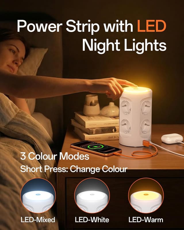 Detalle de KEMELO 8-fach Mehrfachsteckdose mit Nachtlicht und USB‑C, Überspannungsschutz, Schalter & 2‑m-Kabel (3600 W)