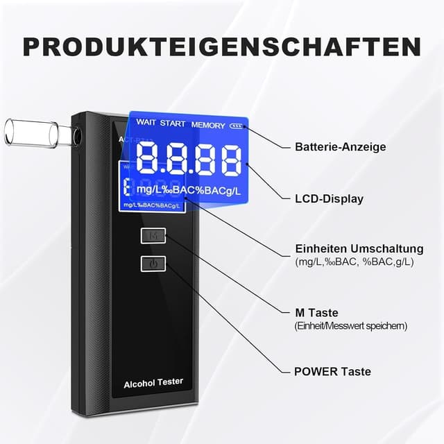 Detalle 2 de Swetfela Alkoholtester mit 10 Mundstücken & Tragetasche – tragbarer digitaler BAC-Messgerät mit LCD