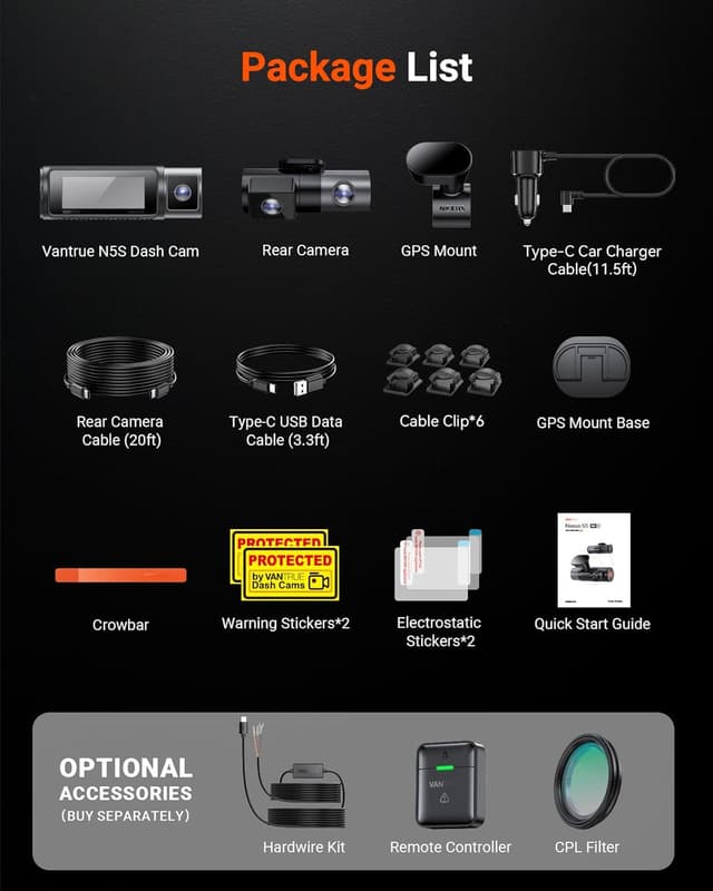 Thumbnail 6 de Vantrue N5S 4-Channel 360° Dash Cam with 2.7K Front + Dual GPS, 24/7 Buffered Parking Mode, and Voice Control