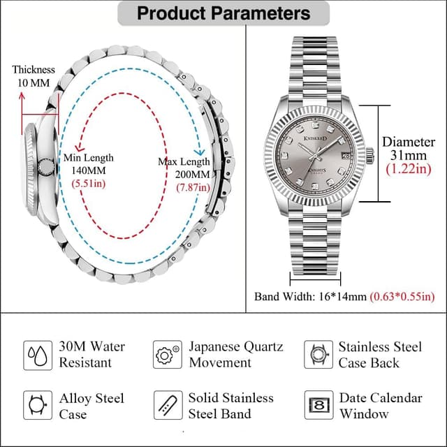 Detalle 2 de KNISKRED Montre classique femme à cristaux et bracelet en acier inoxydable