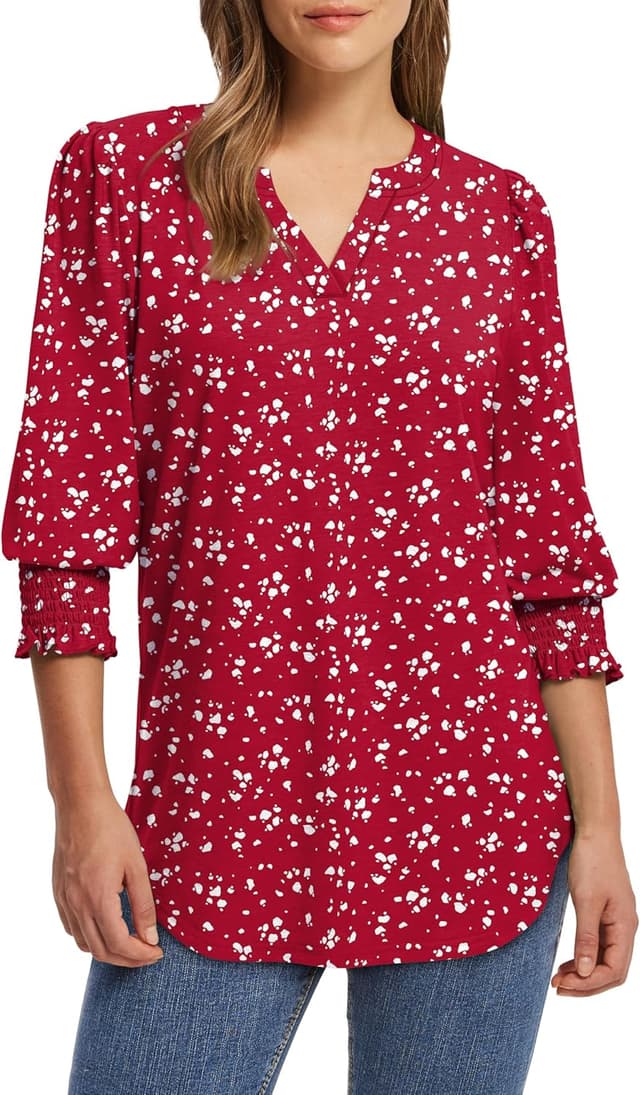 Detalle 2 de Aokosor women’s 3/4 sleeve V-neck puff cuff smocked tunic top for office and everyday wear