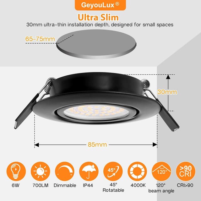Detalle 2 de GeyouLux LED Einbaustrahler 230V dimmbar 6W, IP44, 45° schwenkbar – 4er-Set (schwarz, 4000K)