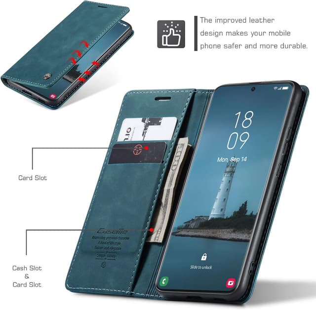 Detalle de Cracedily for Samsung Galaxy S21 Ultra leather flip wallet case with card holder, magnetic closure and kickstand (Blue-Green)