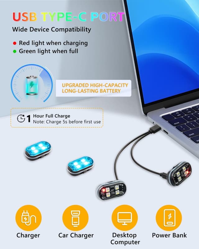 Thumbnail 6 de GSOWO Upgraded 4PCS Wireless LED Strobe Lights (Remote, 8 Colors, USB-C) for Car, Motorcycle & More