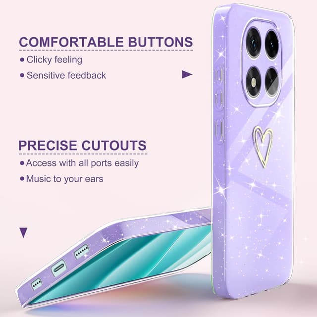 Detalle 2 de Yichxu Handyhülle für Xiaomi Redmi Note 14 Pro / 14 Pro+ 5G – Silikon-Case mit Herz-Glitzer, lila