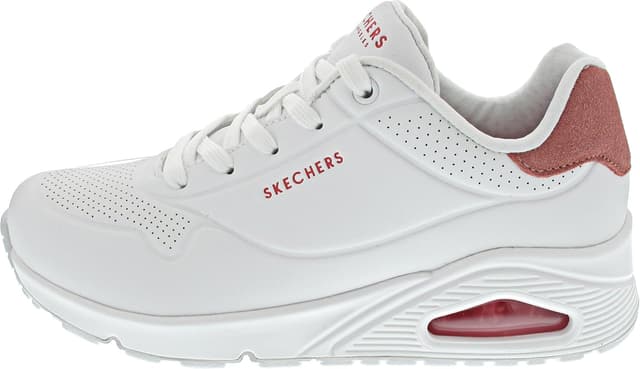 Detalle de Skechers Uno para mujer White Durabuck Purple Suede Trim (talla 38.5 EU): comodidad con espuma viscoelástica y suela flexible