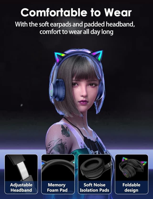 Detalle de Cat Ear Bluetooth Headphones with LED Lights – Wireless Over-Ear Headset with Microphone, Hi‑Fi Stereo & 55H Playtime