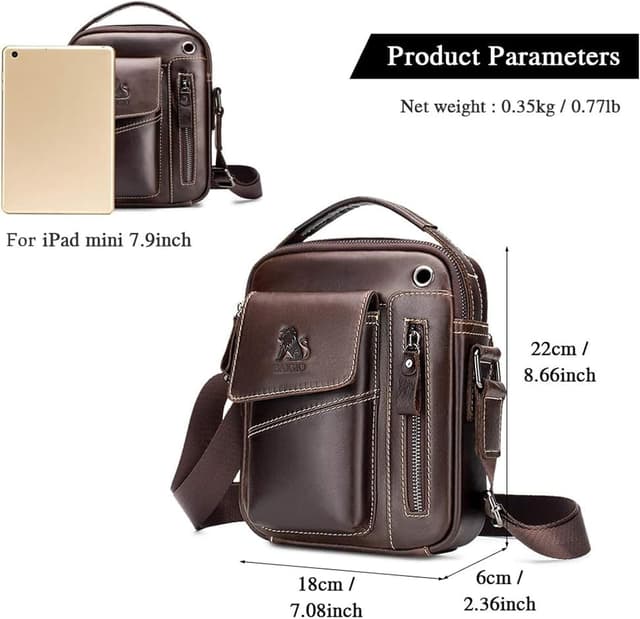 Detalle de BAIGIO men’s vintage leather shoulder bag (crossbody messenger) with adjustable strap