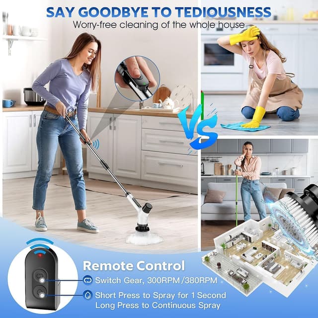 Detalle de FYDEE Brosse de nettoyage électrique rotative sans fil IPX7, manche télescopique et 7 têtes interchangeables