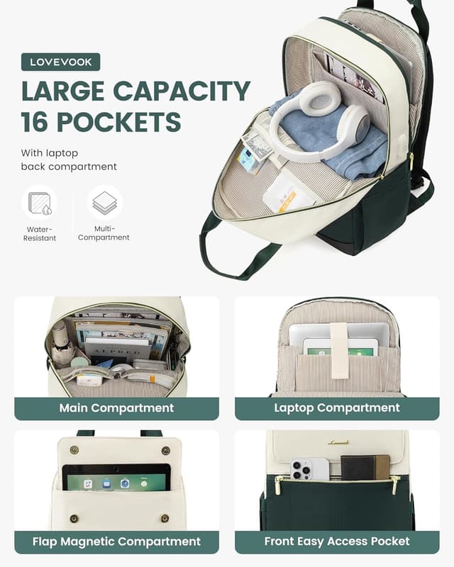 Detalle 2 de LOVEVOOK Rucksack Damen 15,6 Zoll Dunkelgrün