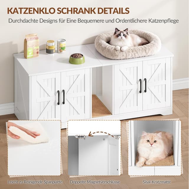Detalle de Fobyfurny Katzenklo Schrank für 2 Katzen (140 x 50 x 55 cm) mit Kratzmatte, weiß