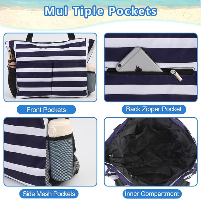 Detalle de TAHAVICE Strandtasche Damen XXL mit Reißverschluss – wasserabweisende Badetasche mit vielen Fächern