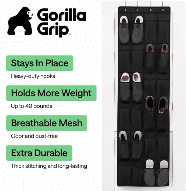 Detalle de Gorilla Grip over-the-door shoe organizer (24 mesh pockets) — up to 40 lb capacity, 2-pack, black