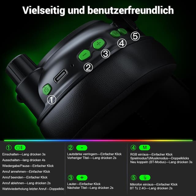 Thumbnail 6 de Krysenix KGH2 Wireless Gaming-Headset für PS5, PS4, PC, Mac & Switch (2,4 GHz, Mikrofon, Noise Cancelling, LED, bis zu 40 h)