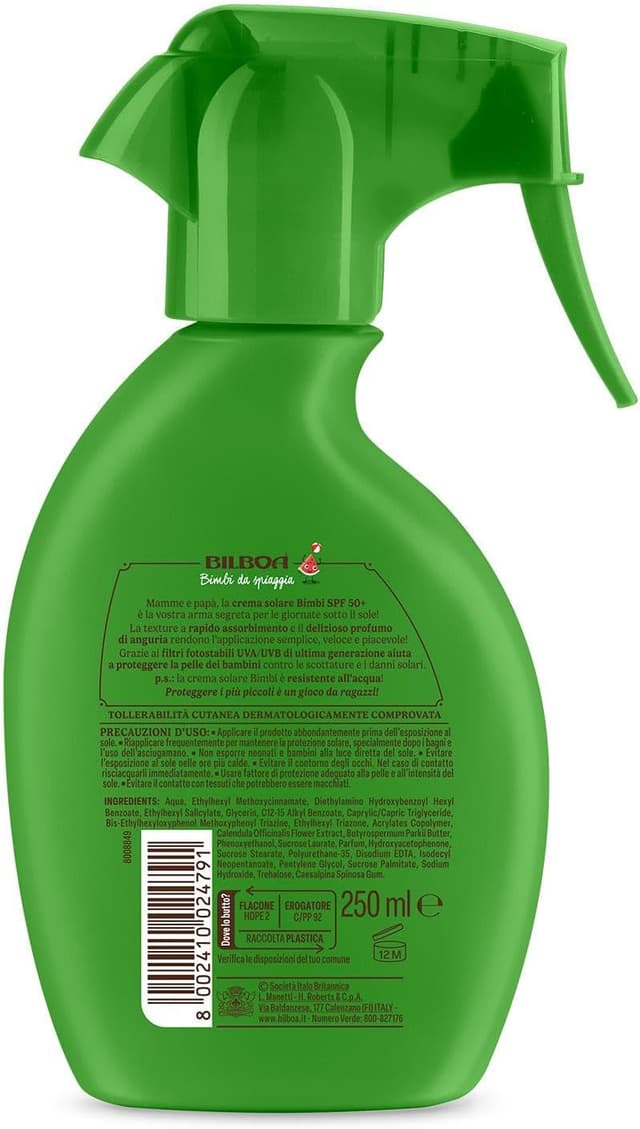 Detalle 2 de Bilboa Bimbi da Spiaggia Spray Solare Bambini SPF 50+ (250 ml) resistente all’acqua