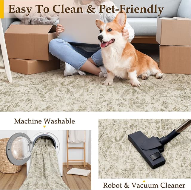 Detalle de PureCozy Vintage Washable Beige Rug (200x300cm) – soft low pile, non-slip backing