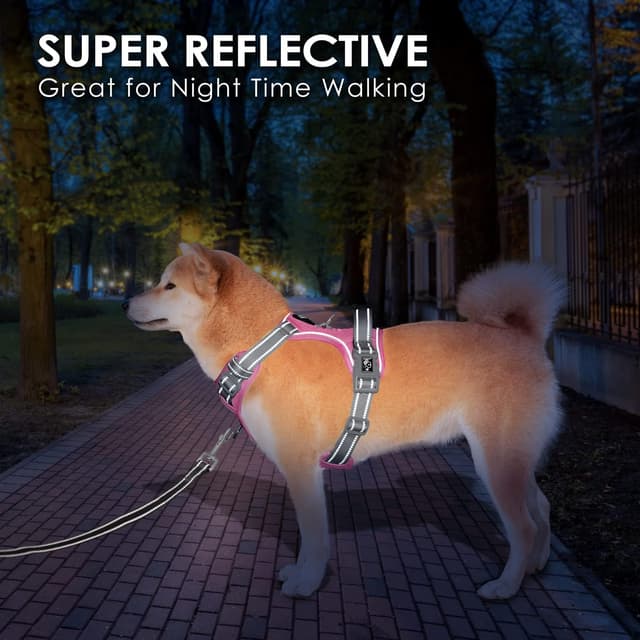 Detalle de PHOEPET No Pull Escape Proof Adjustable Dog Harness with Reflective Straps and Easy Control Handle (Baby Pink/Grey, M)