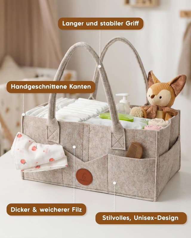 Detalle 2 de Maliton Wickeltisch Organizer „Wickel-Caddy“ aus Filz (Khaki) mit herausnehmbaren Fächern