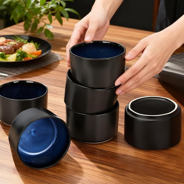 Detalle de CSYY Müslischalen aus Porzellan (6-teilig), schwarz matt mit tiefblauem Innenbereich – Reisschalen & Dessertschalen bis ca. 500 ml