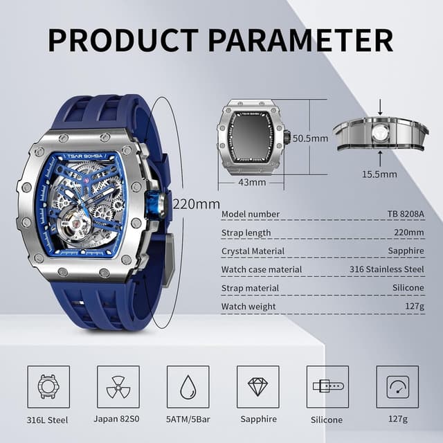 Detalle de TSAR BOMBA TSAR BOMBA Montre automatique squelette pour homme, boîtier tonneau, étanche 50 m