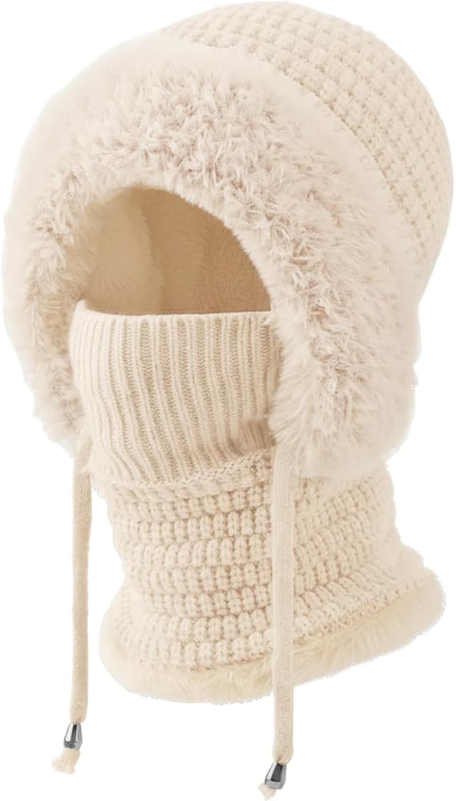 Detalle de DRESHOW Women’s winter knit balaclava beanie with drawstring hood scarf – 3-in-1 cold-weather hat