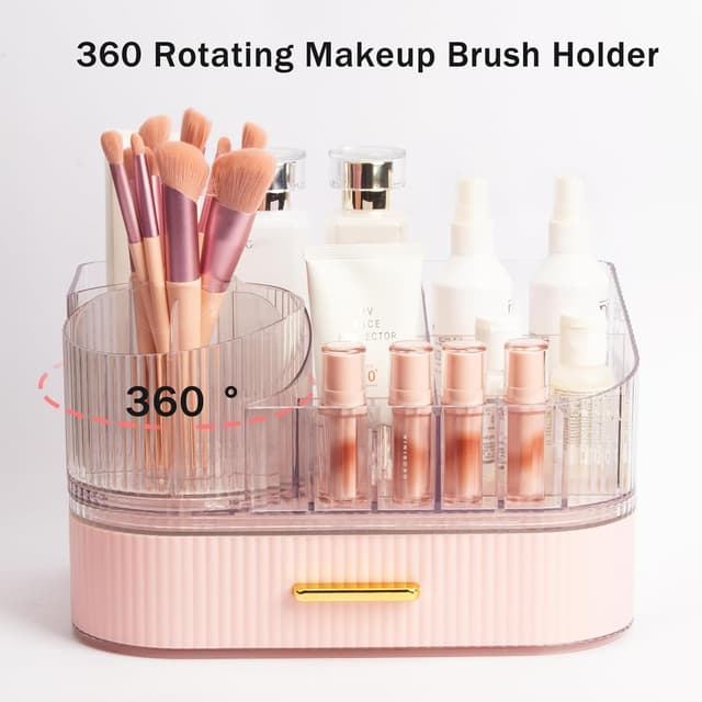 Detalle 2 de STORICANS Makeup Organiser with 360 Rotating Brush Holder and Stackable Drawers (Pink)