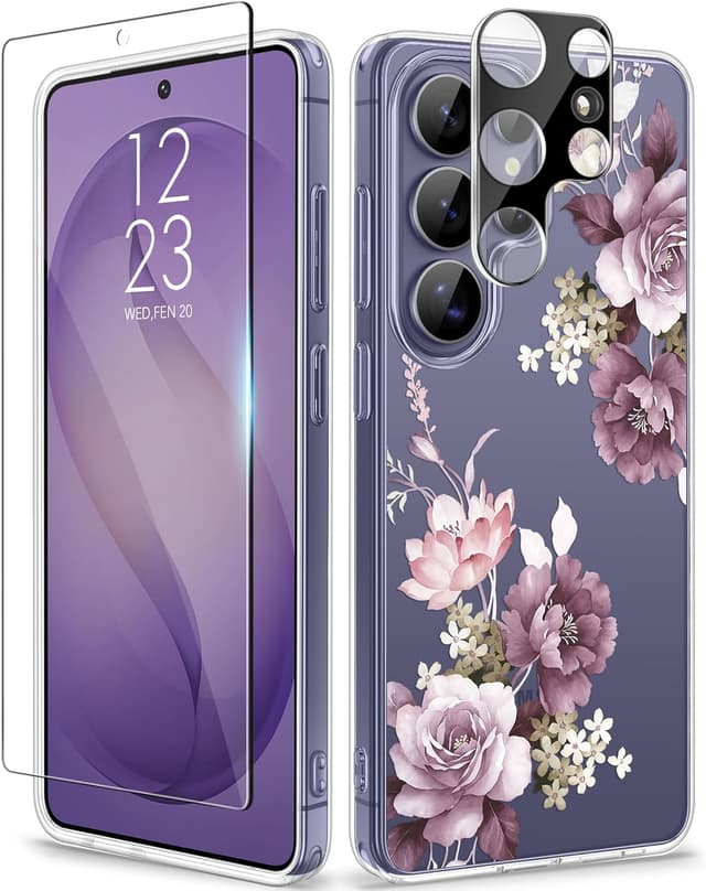 Detalle de GVIEWIN Clear Floral Slim Shockproof Case for Samsung Galaxy S26 Ultra (6.9") — Includes Screen & Camera Lens Protectors
