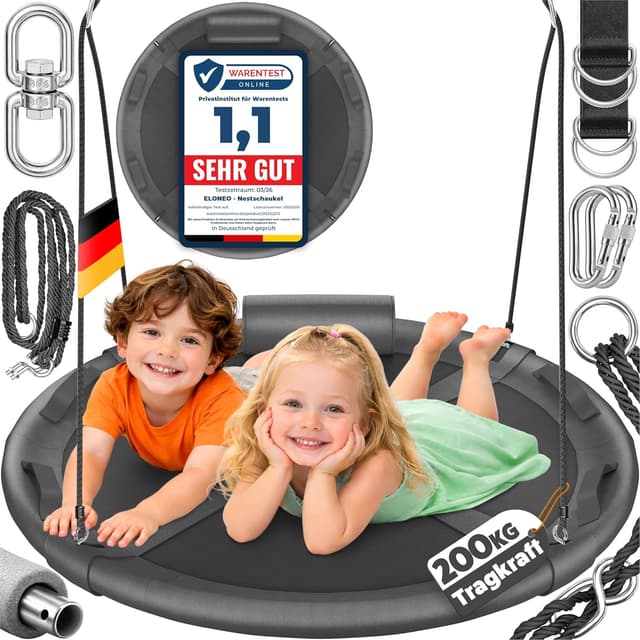 Detalle de ELONEO Nestschaukel Outdoor & Indoor (Ø 90 cm) – höhenverstellbare Tellerschaukel bis 200 kg mit Kissen & Zubehör-Set