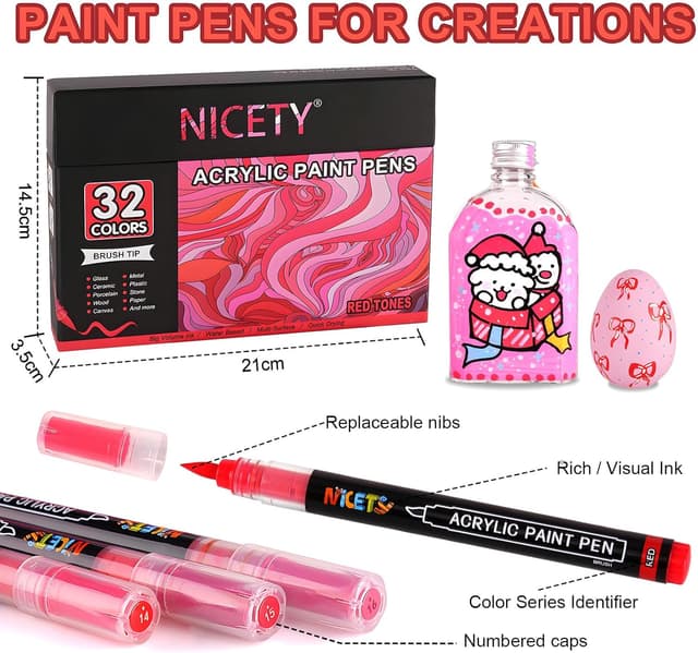 Detalle de NICETY 32-Colour Acrylic Paint Pens with 1–5mm Brush Tips (Red)