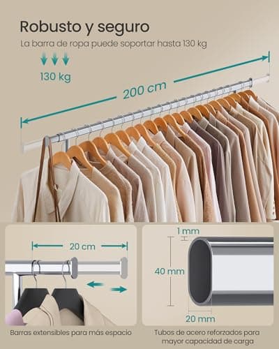 Detalle de SONGMICS HSR175E01 burro de ropa con ruedas extensible (hasta 150 kg)