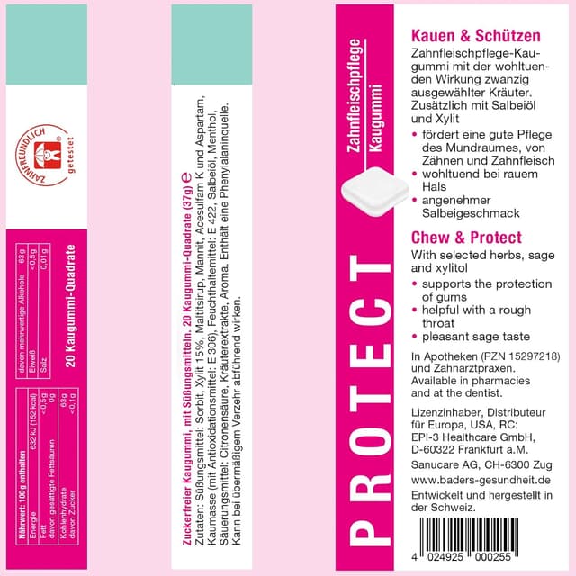 Detalle de BADERs PROTECT Kaugummi aus der Apotheke – 4 Sorten Zahnpflege-Kaugummi (vegan)
