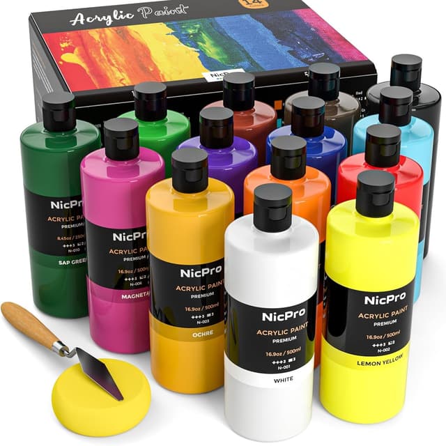Detalle de Nicpro 14-Colour Large Bulk Acrylic Paint Set (500ml/16.9 fl oz) for multi-surface crafts and canvas work