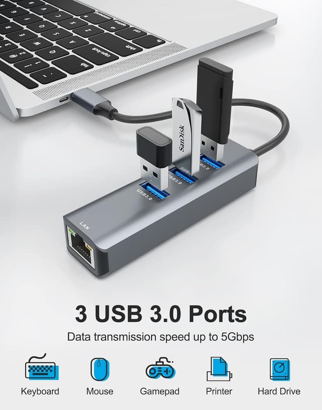 Detalle de ABLEWE USB-C to Ethernet Adapter (4-in-1) with RJ45 Gigabit LAN + USB 3.0 Ports
