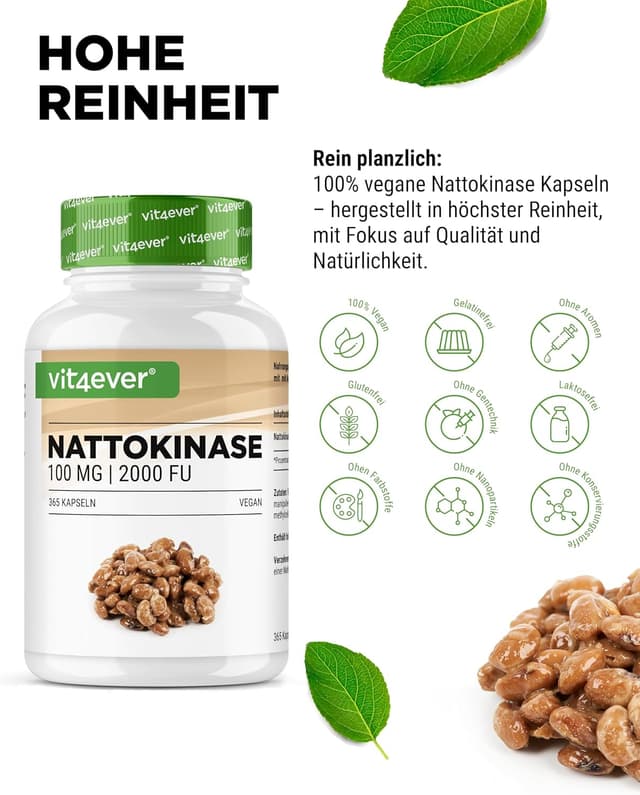 Detalle de Vit4ever Nattokinase – 365 Kapseln à 100 mg (20.000 UF/g), vegan, ohne Gentechnik