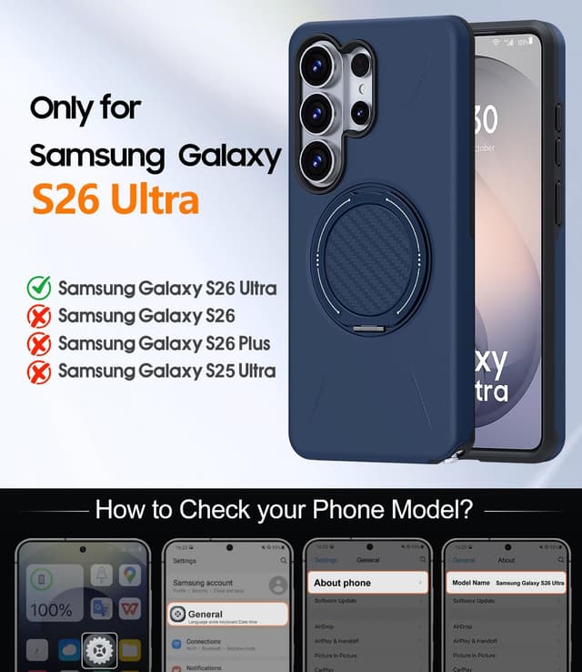 Detalle 2 de AOUIA for Samsung S26 Ultra Case (Blue) with 2-Pack Screen Protector and 360° Rotating Kickstand