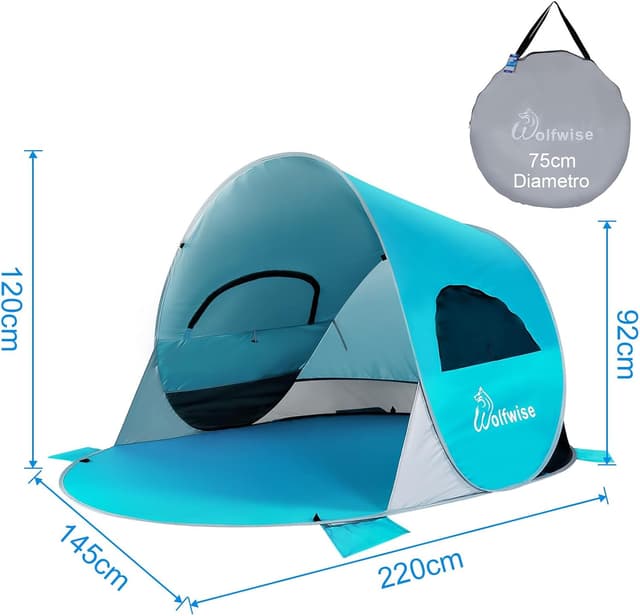 Detalle de Wolfwise Tenda pop-up istantanea per 3-4 persone UPF 50+ 220x145x120 cm, blu