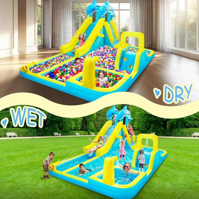Thumbnail 6 de Giant Dolphin Inflatable Water Slide & Splash Park with Deep Pool, Water Cannon and 550W Blower